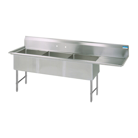 BK RESOURCES 23.8125 in W x 74.5 in L x Free Standing, Stainless Steel, Three Compartment Sink BKS-3-18-12-18RS